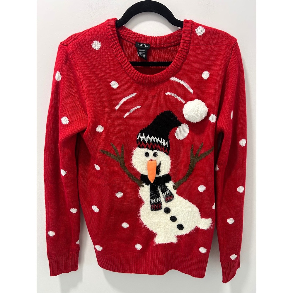 rue21 Red Snowman Holiday Ugly Christmas Sweater Pom Pom Women Medium